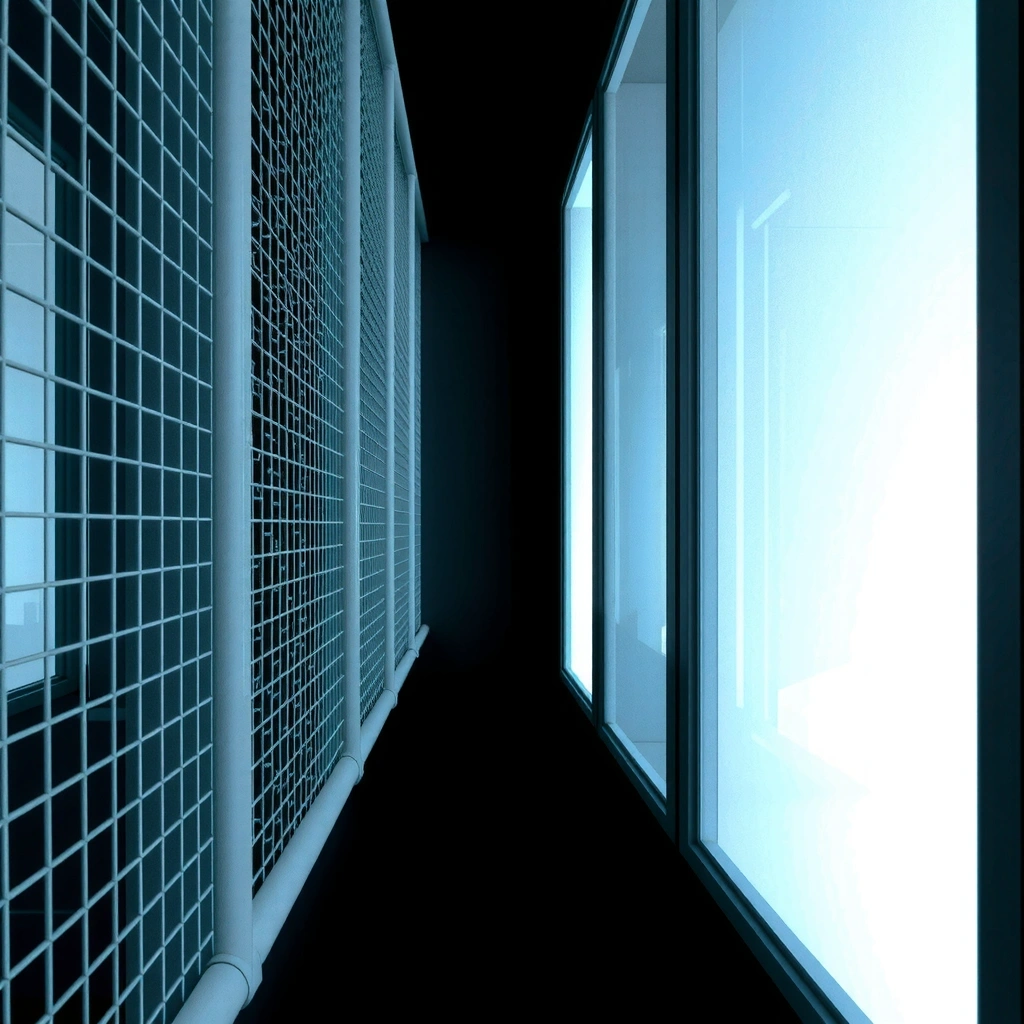 Abstrakte industrielle Struktur aus Stahl und Glas